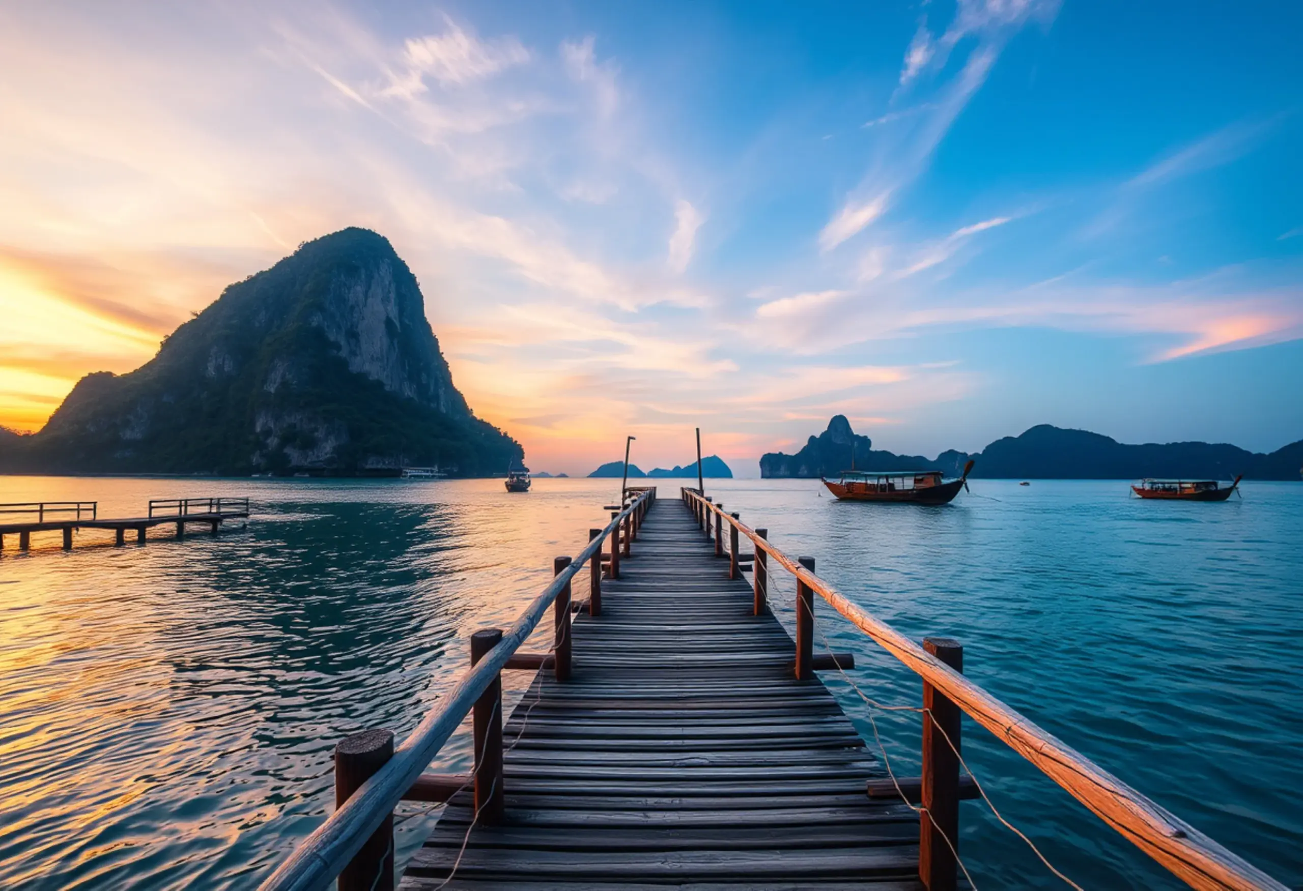 A tranquil boardwalk leading toward mountains and open water