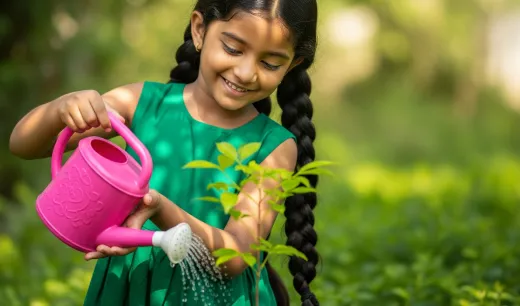 Child watering a plant in a garden