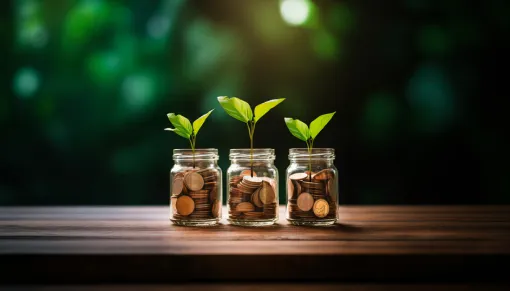 Coins in glass jars growing into green plants