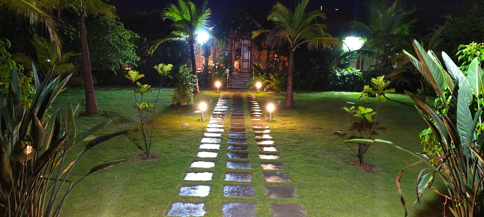 Illuminated garden path at CoQuitos at night