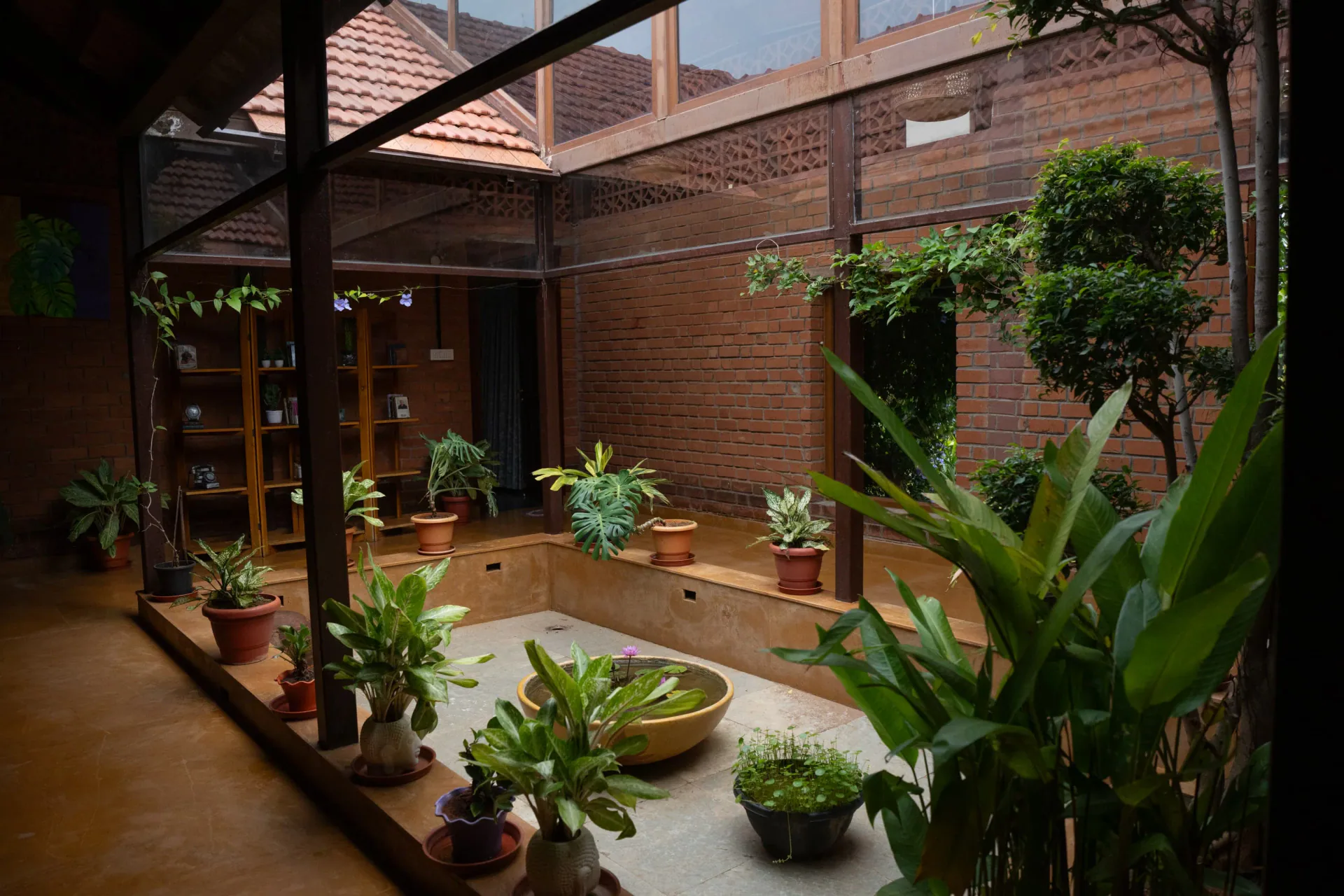 Shaded inner courtyard with lush planting